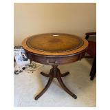 Antique Round Pedestal Table - Leather Top with Gold Tooled Border, 29in Diameter