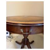 Antique Round Pedestal Table - Leather Top with Gold Tooled Border, 29in Diameter