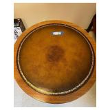 Antique Round Pedestal Table - Leather Top with Gold Tooled Border, 29in Diameter