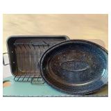 Oval Cast Iron Dutch Oven with Lid - Speckled Enamel & Enamel Rectangular Baking Pan with Wire Rack