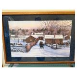 Framed Winter Landscape Print - Snowy Village with Log Cabins, Wood Frame