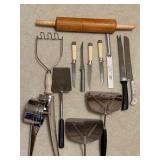 Assorted Kitchen Utensils & Flatware Set - Rolling Pin, Knives, Spatulas & Spoons