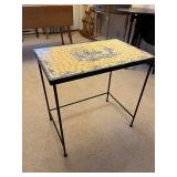 Vintage Mosaic Tile-Top Table with Scenic Central Panel and Black Metal Frame