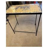 Vintage Mosaic Tile-Top Table with Scenic Central Panel and Black Metal Frame