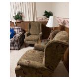 Pair Vintage Floral Recliner Armchairs (Lot of 2) - High Back, Rolled Arms, Carved Front Legs