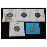 Mercury Dimes 1935-D, 1936, 1942, 1943; Roosevelt Dime 1958 (Lot of 5)