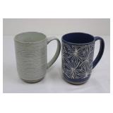 Laurie Gates Mugs - Blue Floral & Green Ribbed Ceramic Coffee Cups (Lot of 2)