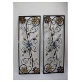 Floral Metal Wall Art Panels - 32' x 12' Set of 2 Black Wrought Iron Flower Scrollwork