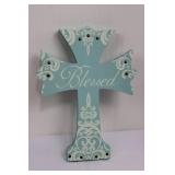 Blessed Cross Wall Decor - Light Blue Damask Pattern, Approx. 15in Tall