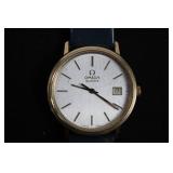 Omega Quartz Wristwatch - Gold-Tone Case, Blue Leather Strap, Swiss Made Not working  condition