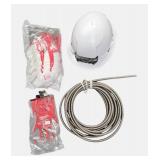 Milwaukee equipment including a hard hat, mask, and a replacement cable for a snake.