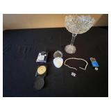 Seiko Desk Clock (retails for $35) & Jewelry Lot: Faux Pearl Necklace (broken clasp), Cut Crystal Bowl, IKE Pendant, 50 Pin