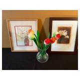 Wood Flowers Framed Floral Art - 2 Prints & Glass Vase w Wooden Tulips