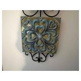 Ceramic Floral Tile Wall Art - 3-Piece Set on Wrought Iron Hanger