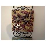 Ceramic Floral Tile Wall Art - 3-Piece Set on Wrought Iron Hanger