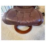 Brown Leather Lounge Chair With Ottoman - Tufted, Circular Wood Base