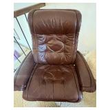 Brown Leather Lounge Chair With Ottoman - Tufted, Circular Wood Base