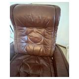 Brown Leather Lounge Chair With Ottoman - Tufted, Circular Wood Base