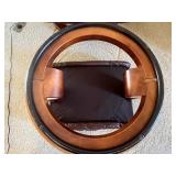 Brown Leather Lounge Chair With Ottoman - Tufted, Circular Wood Base