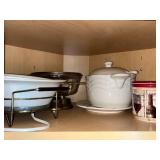 White Ceramic Casserole Dish With Lid On Metal Warmer Stand Vintage Kitchenware Set