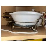 White Ceramic Casserole Dish With Lid On Metal Warmer Stand Vintage Kitchenware Set