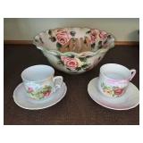 Medley Floral Rose Teacup Set with Large Rose Pattern Bowl - 2 Cups & Saucers, Made in China