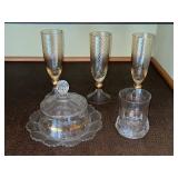 Crystal Glassware Set - 3 Twist-Pattern Champagne Flutes with Gold Accents, 1 Tumbler, 1 Butter Dish