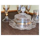 Crystal Glassware Set - 3 Twist-Pattern Champagne Flutes with Gold Accents, 1 Tumbler, 1 Butter Dish