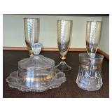 Crystal Glassware Set - 3 Twist-Pattern Champagne Flutes with Gold Accents, 1 Tumbler, 1 Butter Dish