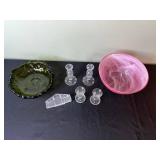 Crystal Glassware Set - Green Scalloped Bowl, Pink Swirl Bowl, Clear Candlesticks, Pyramid & Wedge