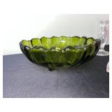 Crystal Glassware Set - Green Scalloped Bowl, Pink Swirl Bowl, Clear Candlesticks, Pyramid & Wedge