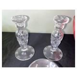 Crystal Glassware Set - Green Scalloped Bowl, Pink Swirl Bowl, Clear Candlesticks, Pyramid & Wedge