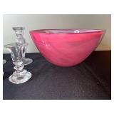 Crystal Glassware Set - Green Scalloped Bowl, Pink Swirl Bowl, Clear Candlesticks, Pyramid & Wedge