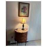 Vintage Marble-Top Bombe Dresser with Floral Inlay & Brass Pulls w Table Lamp, Framed Print & Clock