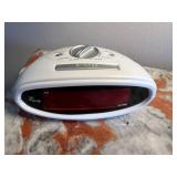 Vintage Marble-Top Bombe Dresser with Floral Inlay & Brass Pulls w Table Lamp, Framed Print & Clock