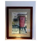 Vintage Marble-Top Bombe Dresser with Floral Inlay & Brass Pulls w Table Lamp, Framed Print & Clock