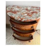 Vintage Marble-Top Bombe Dresser with Floral Inlay & Brass Pulls w Table Lamp, Framed Print & Clock