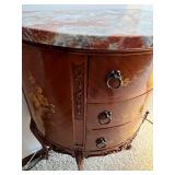 Vintage Marble-Top Bombe Dresser with Floral Inlay & Brass Pulls w Table Lamp, Framed Print & Clock