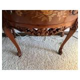 Vintage Marble-Top Bombe Dresser with Floral Inlay & Brass Pulls w Table Lamp, Framed Print & Clock