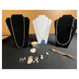 Assorted Jewelry: Lapis Lazuli Pendant Necklace, Beaded Necklaces, Pins & Charms