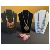 Boho Tiered Beaded Bib Necklace, Circular Yellow & Blue Crystal Pendant Necklace, Long Bead Necklace & Pink Flower