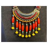 Boho Tiered Beaded Bib Necklace, Circular Yellow & Blue Crystal Pendant Necklace, Long Bead Necklace & Pink Flower