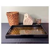 Decorative 4-Piece Home Decor Set: Woven Basket, Stone Sculpture, Deer Candle Holder, Tray