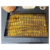 Decorative 4-Piece Home Decor Set: Woven Basket, Stone Sculpture, Deer Candle Holder, Tray