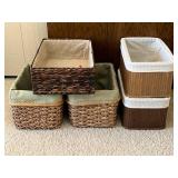 Wicker Storage Baskets With Green Liners And White Lidded Hampers (Lot Of 5)