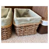 Wicker Storage Baskets With Green Liners And White Lidded Hampers (Lot Of 5)