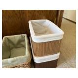 Wicker Storage Baskets With Green Liners And White Lidded Hampers (Lot Of 5)