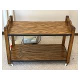Oak Wood Rolling Cart - 2-Tier on Casters, Black Trim