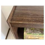 Dark Wood Display Cabinet with Two-Tier Open Storage - Includes Vintage Blue Rock Tea Tin