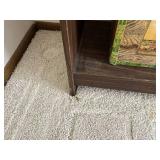 Dark Wood Display Cabinet with Two-Tier Open Storage - Includes Vintage Blue Rock Tea Tin